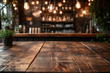 Empty wooden table in front of blurred cafe background with edison bulbs lighting