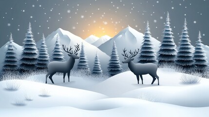 Two deer in snowy mountain landscape at sunset.