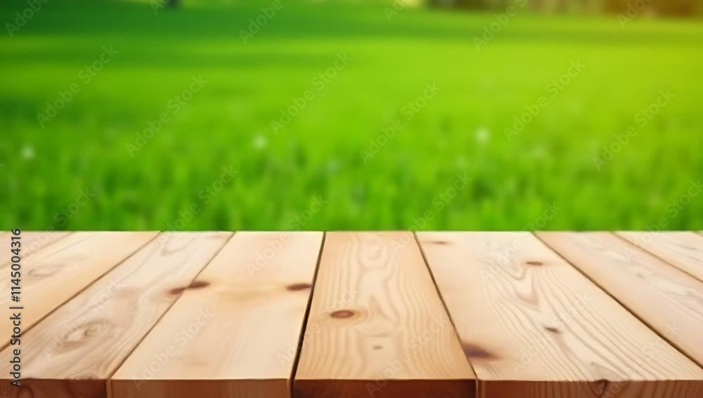 Poster beautiful pine wood texture features a table top or counter island in front of a lush green grass la
