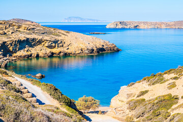 View of sandy Paradisia beach and sea coast, Amorgos island, Cyclades, Greece