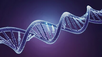 The artwork features a luminous DNA double helix elegantly twisting against a dark background highlighting the complexity of genetic structures in vivid colors