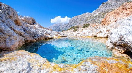 Obraz premium Crystal clear turquoise water fills a natural rock pool nestled in a rugged mountain landscape under a bright blue sky.