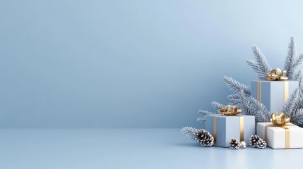 Fototapeta premium Minimalist Christmas arrangement with white candles, frosted fir branches, and golden accents on a blue background, radiating festive elegance and winter tranquility