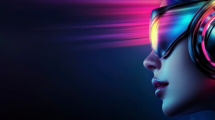 Obraz premium A futuristic profile of a woman wearing vibrant sunglasses and headphones, illuminated by colorful lights against a dark background.