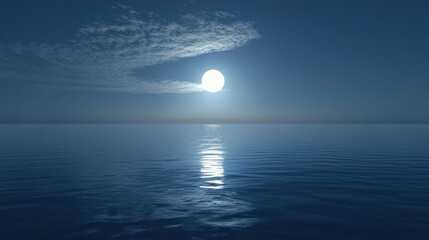 Full Moon Reflected on Calm Ocean Waters at Night, Tranquil Seascape Under Starry Sky with Serene Atmosphere and Soft Moonlight, Ai Generation