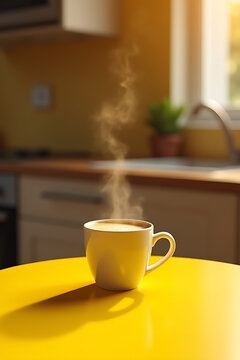 Aromas of vanilla waft from a steaming coffee cup placed on a bright yellow table in a warm kitchen setting._00002_