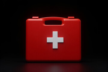 Obraz premium A red medical first aid kit with a white cross symbol on it, against a isolated dark background, vibrant red first aid box, created with generative ai