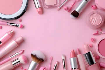 Pink makeup products, brushes, and lipsticks arranged in a circular pattern on pastel pink background, flat lay composition with copy space

