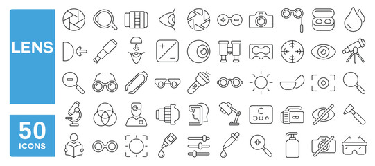 Set of 50 line icons related to lens, eye, glasses, zoom, camera, lenses, photo, optical, observe, sight, Editable stroke. Vector illustration