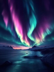 Fototapeta premium Aurora's Dance Over Arctic Waters - vibrant northern lights painting the night sky with hues of green, blue, and purple over a serene Arctic landscape. 