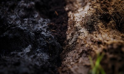 Dark and light brown soil textures, contrasting, close up.