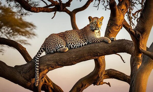 Jaguar on a branch of a baobab.