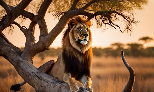 Lion on top of a baobab branch.