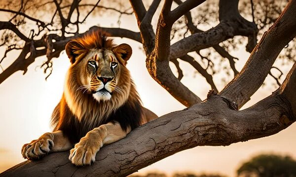 Lion on top of a baobab branch.