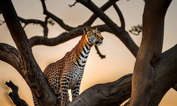 Jaguar on a branch of a baobab.