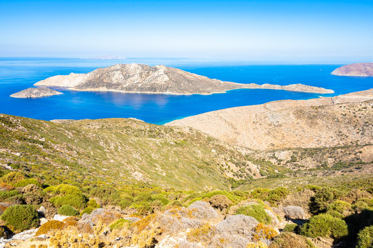 View of Nikouria island, sea and mountains, Amorgos island, Cyclades, Greece