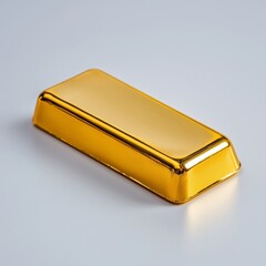 A single gold ingot with a polished finish, displayed with sharp detail on a plain white background.