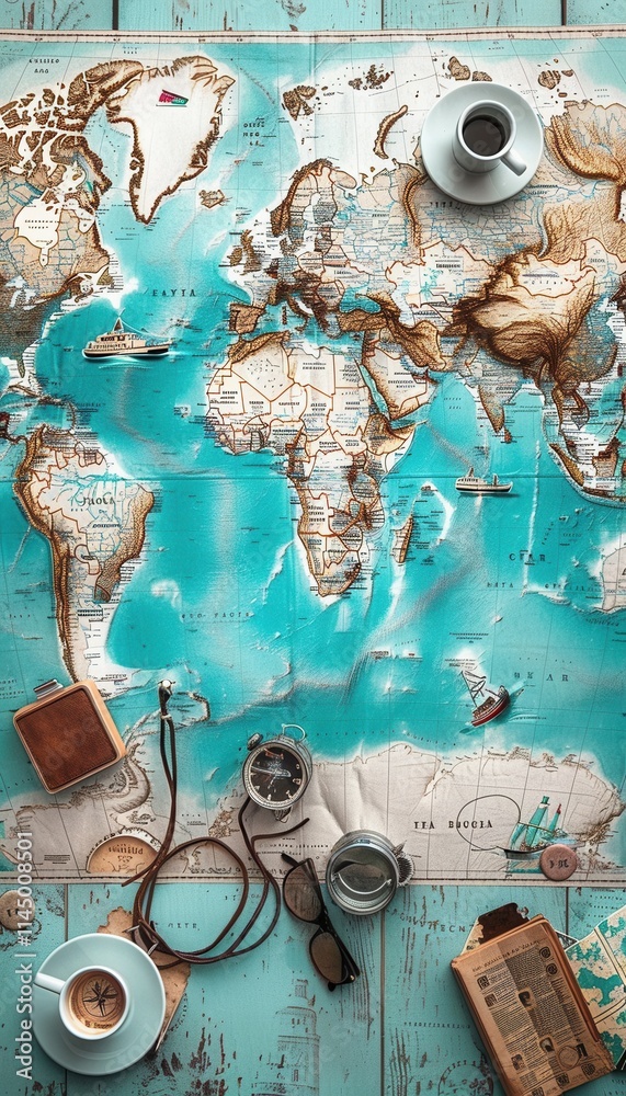 Poster Travel memories displayed on a vibrant world map with decorative elements and ample copy space for sharing adventures. Generative AI