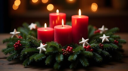 Christmas Candles Surrounded by Festive Greenery, Red Berries, and Warm Holiday Glow on a Table

