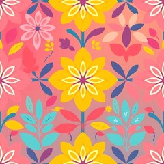 Vibrant Floral Fiesta: A seamless pattern of stylized flowers and leaves in bold, joyful colors. Perfect for textile design, wallpaper, or any project needing a cheerful, vibrant touch. 