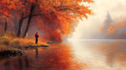 Fototapeta premium Solitary Fisherman by a Calm Autumn River Surrounded by Vibrant Foliage