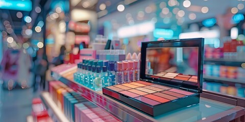 Professional beauty goods with an array of shades adorning an attractive market with signage and a vague backdrop, Generative AI.