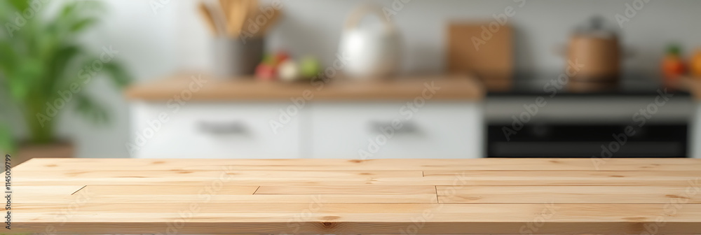 Poster a wooden tabletop against a blurred kitchen background for montage or product display and key visual