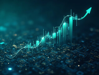 Upward trending financial chart on digital circuit board background