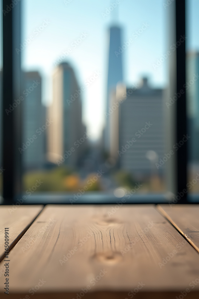 Poster A wooden table top with a blurred cityscape in the background through a glass window is an interesting photograph subject._00003_