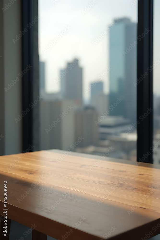 Poster A wooden table top with a blurred cityscape in the background through a glass window is an interesting photograph subject._00002_