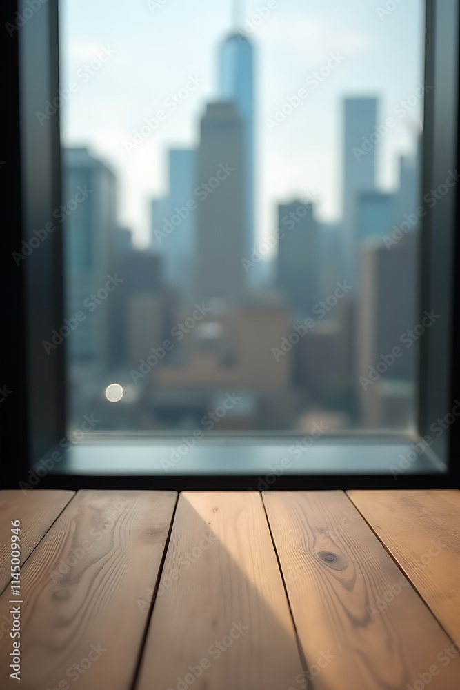 Poster A wooden table top with a blurred cityscape in the background through a glass window is an interesting photograph subject._00001_