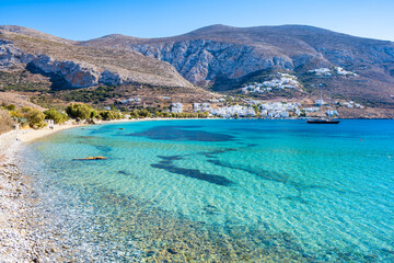 View of idyllic sandy beach in Aigiali bay (Ormos Egialis), Amorgos island, Cyclades, Greece