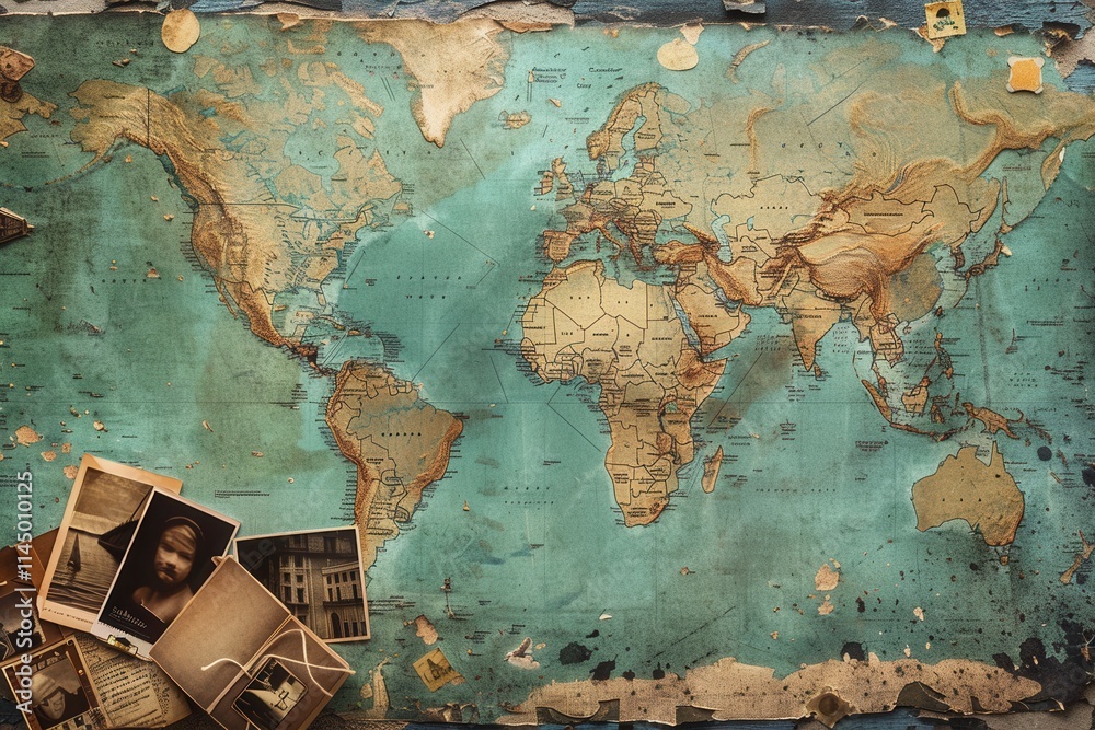 Fototapete Travel memories displayed on a world map backdrop with ample space for customization and creativity. Generative AI