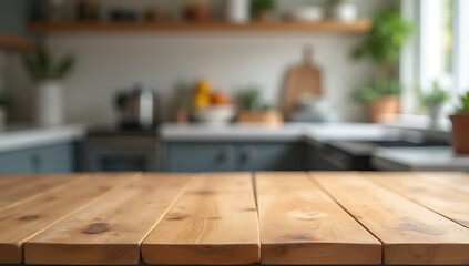 A wooden table top sits in a blurred kitchen setting against a busy countertop background area._00002_