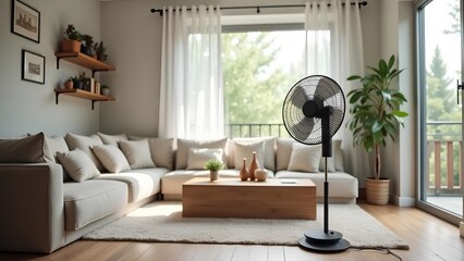 A stand fan cooling down the temperature of the living room during the hot summer season