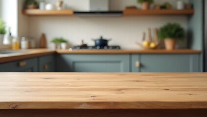 A wooden table top sits in a blurred kitchen setting against a busy countertop background area._00001_