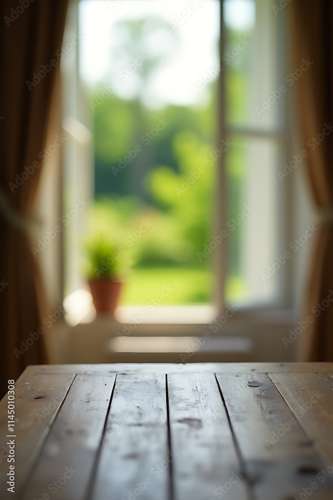 Poster a wooden table top is visible amidst a blurred curtain with a green garden view seen through an open