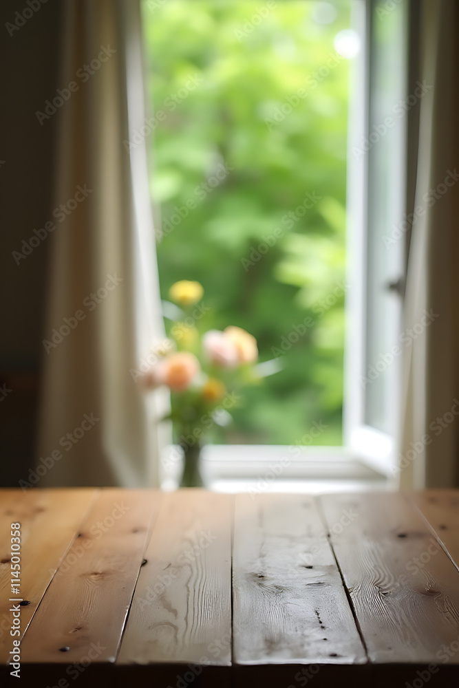 Poster a wooden table top is visible amidst a blurred curtain with a green garden view seen through an open