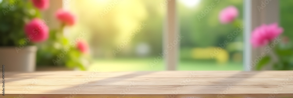 Poster a wooden table top is positioned against a blurred window with flowers from the garden visible in th