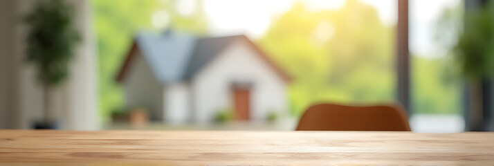 A wooden table top is situated against a blurry backdrop that features a house in the distance behind it at home._00001_