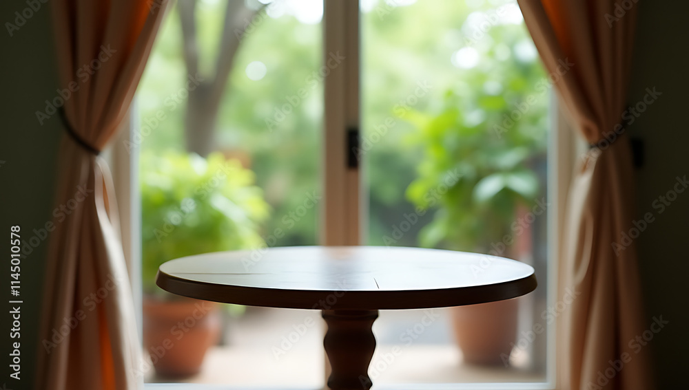 Poster a wooden table sits in a room with a blurred curtain and window view of lush greenery from the adjac