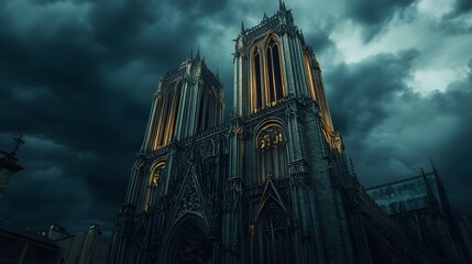 Naklejka premium Towering Gothic Cathedral Under Stormy Sky with Dramatic Lighting