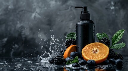 Black skincare bottle mock-up with orange mist and berry-splashed liquids over a dark backdrop with advertisement space, Generative AI.