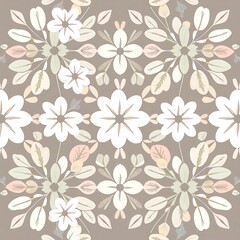 Fototapeta premium Floral Pattern Seamless: A delicate and charming floral pattern, featuring a seamless repeat of white flowers and pastel leaves on a soft brown background.