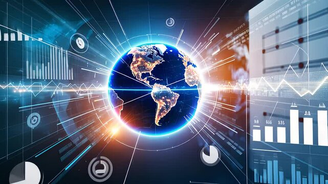 Global Digital Network with Data Analytics and Illuminated Earth Visualization in a Futuristic Interface

