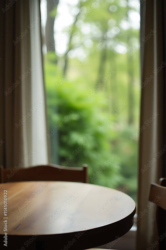 Poster A wooden table sits atop a blurred curtain with a view of greenery through a window surrounded by trees in a garden setting._00002_