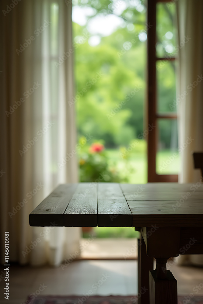 Poster A wooden table sits atop a blurred curtain with a view of greenery through a window surrounded by trees in a garden setting._00001_