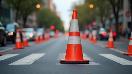 Orange traffic cone in the middle of a city road blocking the car to close the road for safety