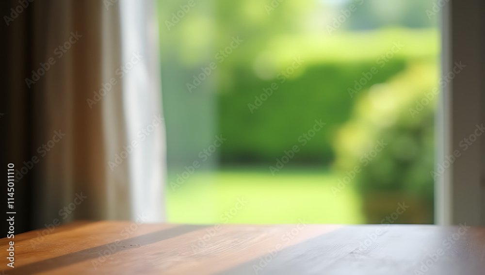 Poster a wooden table is partially blurred by a curtain, while a vibrant green garden scene is visible thro