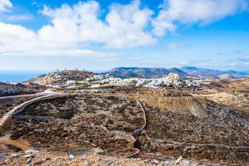 View of Chora village and mountains, Amorgos island, Cyclades, Greece